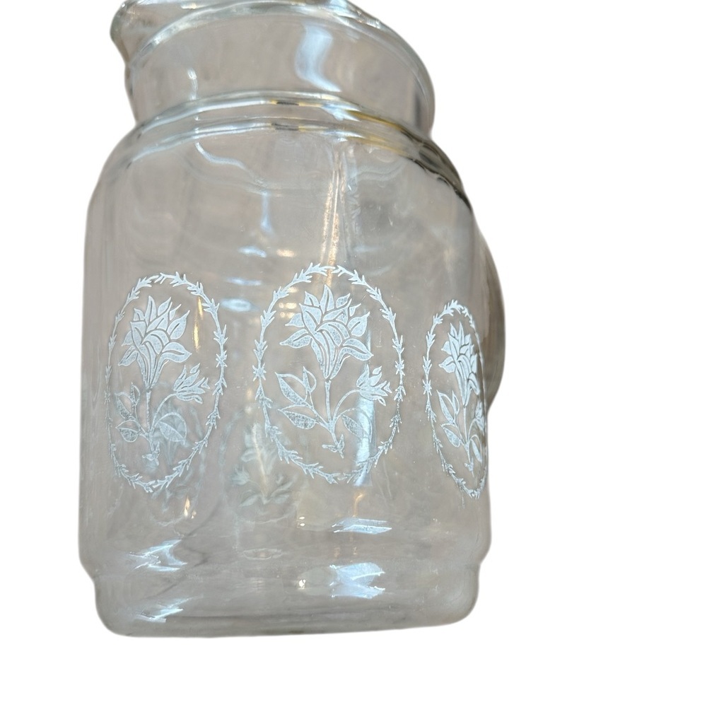 1960s Federal Glass Pitcher with Ice Lip White Enamel Flowers Leaves in Oval